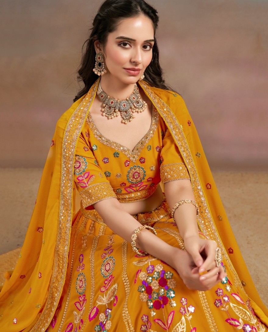 6008- YELLOW - Stunning yellow Thread Work Georgette Engagement Wear Lehenga With Blouse